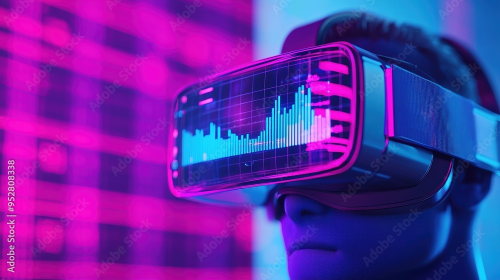 Virtual reality headset displaying interactive financial graphs and charts, user immersed in data, sci-fi aesthetic, neon blue and purple. Virtual reality headset displaying interactive financial graphs and charts, user immersed in data, sci-fi aesthetic, neon blue and purple.