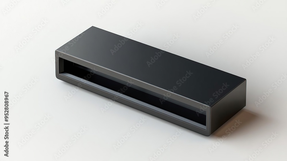 A sleek, modern black rectangular object with an open slot, likely a storage or display item. A sleek, modern black rectangular object with an open slot, likely a storage or display item.