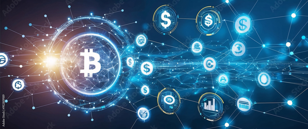 Futuristic glowing blue circle with binary code, internet network concept