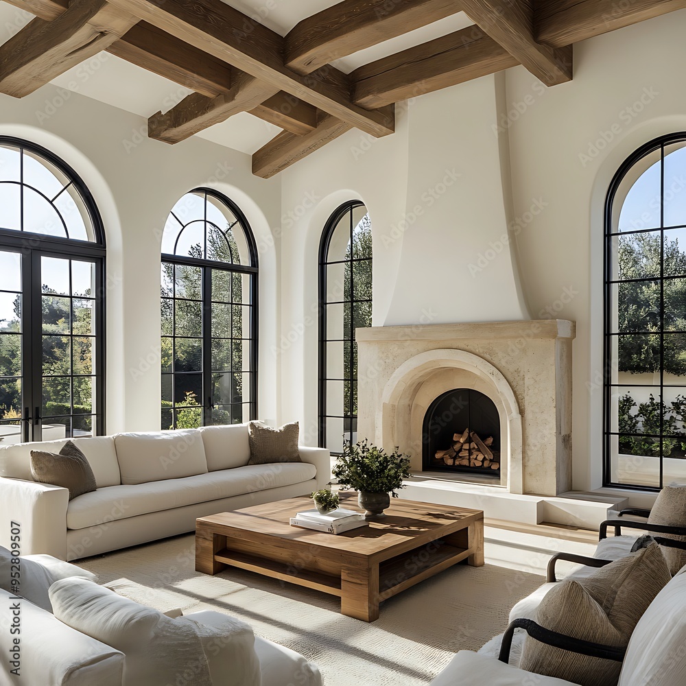 Rustic coffee table between sofa and chairs against fireplace and arched windows. Mediterranean modern cottage style home interior design of modern living room Rustic coffee table between sofa and chairs against fireplace and arched windows. Mediterranean modern cottage style home interior design of modern living room