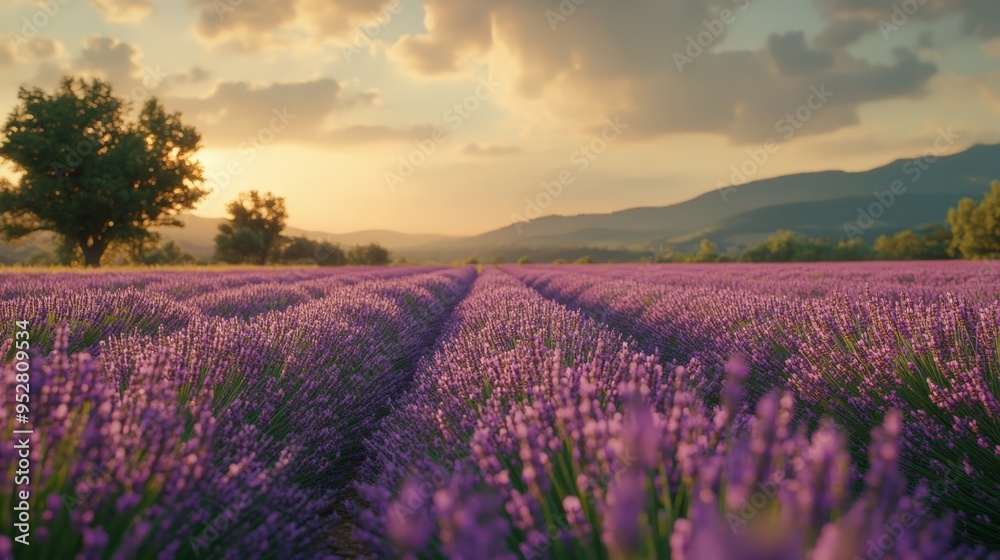 Fototapeta premium Sunset over a peaceful lavender field with golden light