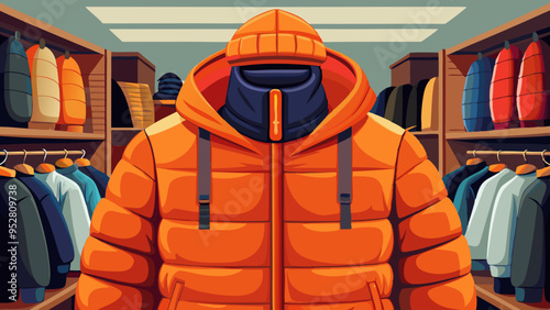 Close up of vibrant orange puffer jacket on display in a retail store for winter wear