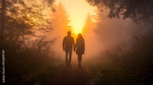 Wallpaper Mural Couple holding hands walking through a misty forest at sunrise Torontodigital.ca