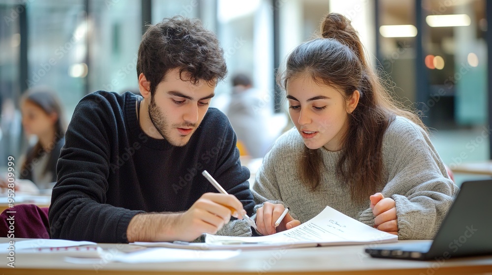 pair of students discussing their notes and preparing for exams, with determination and a supportive atmosphere pair of students discussing their notes and preparing for exams, with determination and a supportive atmosphere