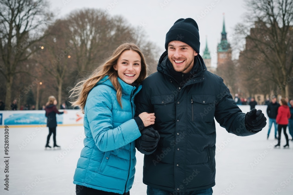 happy young couple ice skating