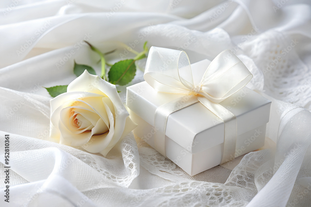A beautiful white rose and a gift box on soft white cloth A beautiful white rose and a gift box on soft white cloth