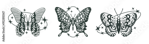 Abstract y2k butterflies. Cartoon y2k aesthetic flying insects, butterflies silhouettes with oval shapes, stars and sparkles decor flat vector illustration set. Trendy butterflies on white