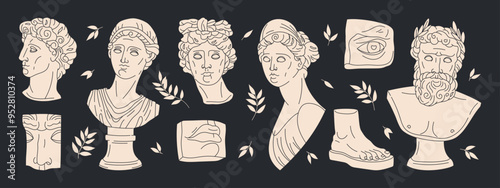 Ancient statues. Greek antique sculptures, marble heads and body parts, mythological greek god and goddess sculptures flat vector illustration set. Classic sculpture art elements
