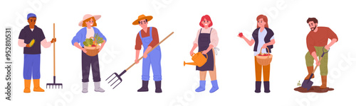 Farm workers. Agriculture people with harvest and gardening tools, husbandry and harvesting crop workers flat vector illustration set. Agriculture farm employees