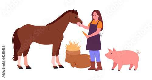 Farmer feed domestic animals. Woman with cute farm horse and pig, female character take care of domestic animals flat vector illustration. Country worker feed animals
