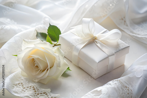 A beautiful white rose sits next to a white gift box placed on a white cloth