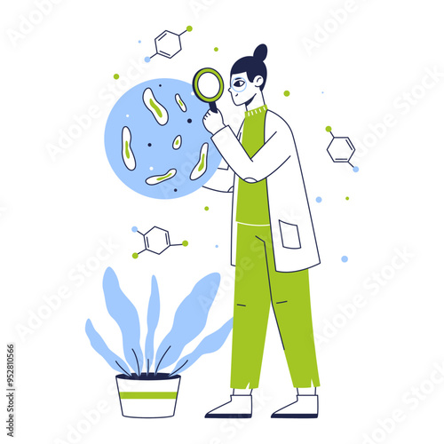 Female lab worker. Chemistry lab scientist, biotechnology medical laboratory development and researching flat vector illustration. Chemical scientific scene