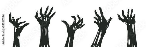 Halloween zombie arms poster. Spooky monsters creepy hands silhouettes flat vector illustration set. Cartoon horror halloween scary arms