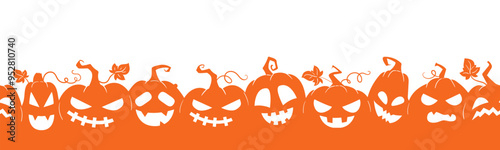 Pumpkins seamless background. Halloween spooky squash lanterns silhouettes, scary jack-o-lanterns halloween flat vector illustration. Halloween holiday party endless design