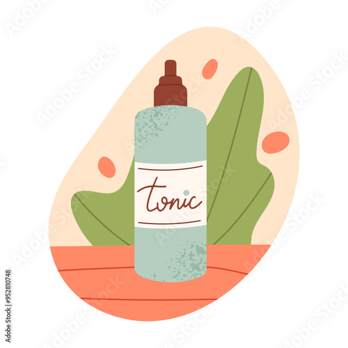 Refreshing skincare tonic. Skin care and beauty cosmetic product, moisturizing and refreshing face toner bottle flat vector illustration. Organic skin care product