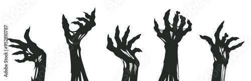 Spooky monsters arms poster. Halloween creepy scrawny zombie hands silhouettes flat vector illustration set. Spooky horror halloween bony hands