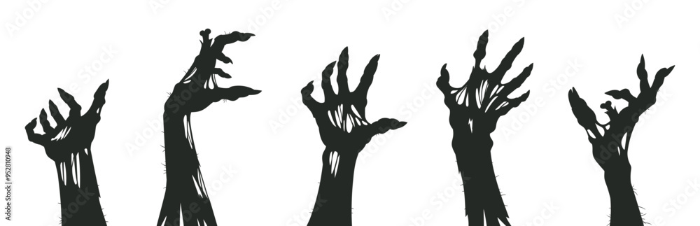 Obraz premium Zombie arms poster. Halloween monsters bony hands silhouettes, horror scrawny zombie hands flat vector illustration set. Cartoon spooky living dead creepy hands