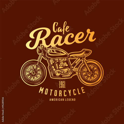 Cafe racer custom motorcycle. Original vector illustration in vintage style isolated on red background. T-shirt design.