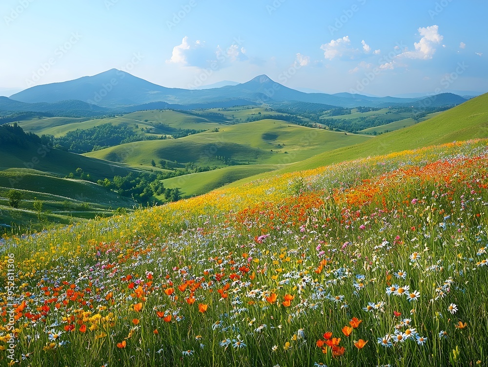Fototapeta premium A vibrant meadow bursting with wildflowers, stretches out towards a backdrop of rolling green hills and a clear blue sky.