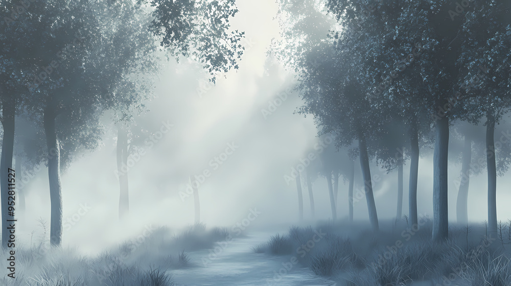 Trees in the fog. the smoke in the forest in the morning. a misty morning among the trees. 3d rendering. Forest. Illustration Trees in the fog. the smoke in the forest in the morning. a misty morning among the trees. 3d rendering. Forest. Illustration