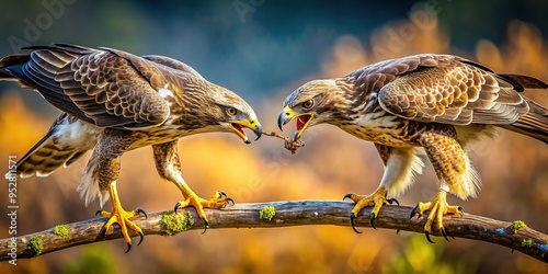 Sharply curved and razor-sharp, a pair of bird talons grasping a branch, showcasing the strength and precision of nature's most skilled predators. photo