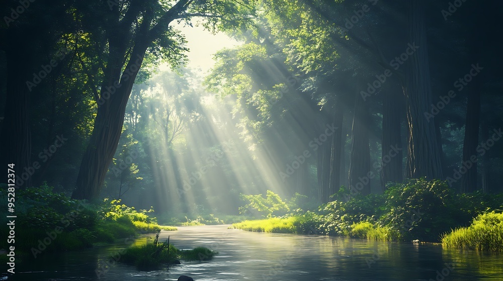 A peaceful river winding through a dense forest with tall trees and sunlight filtering through the canopy A peaceful river winding through a dense forest with tall trees and sunlight filtering through the canopy