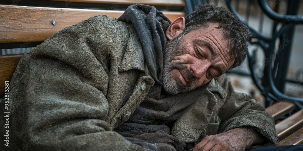 Obraz premium Homeless dirty drunk man bum sleeping on a park bench