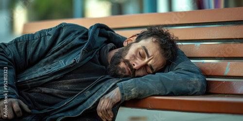 Homeless dirty drunk man bum sleeping on a park bench