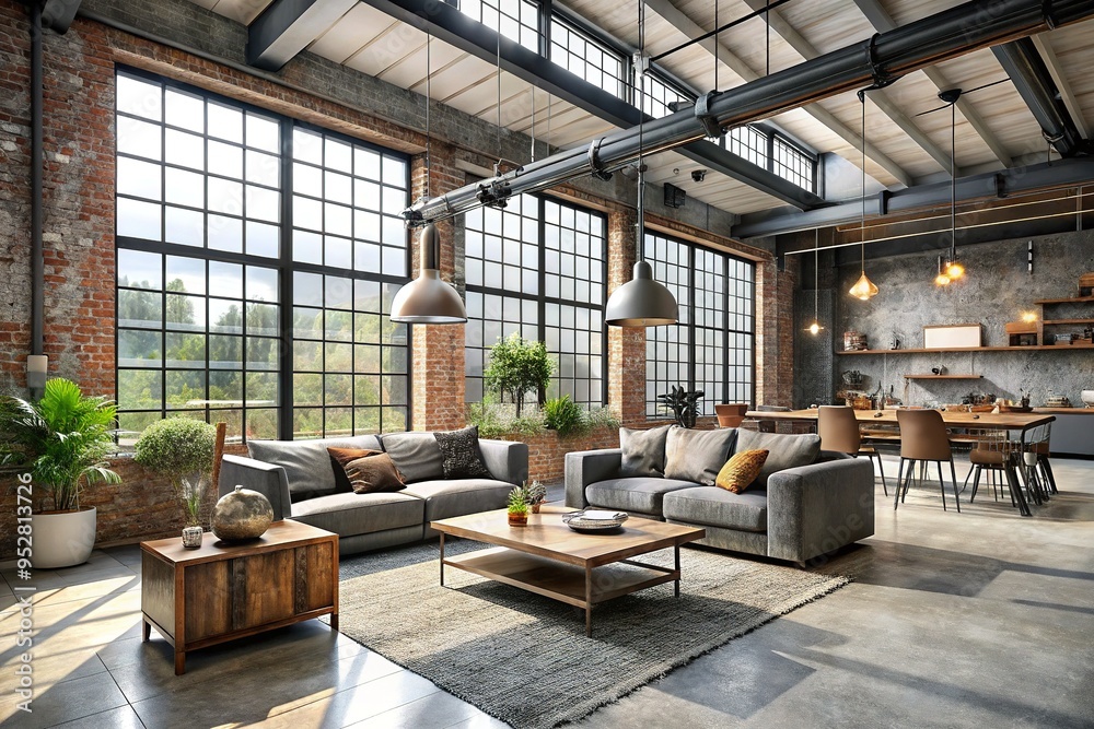 soaring modern industrial loft with large factory-style windows and ...