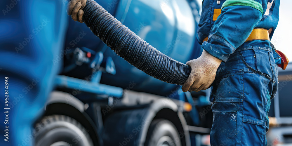 Worker connects a suction hose to a sewage tanker truck. Septic tank maintenance. Sewer pumping machine. 