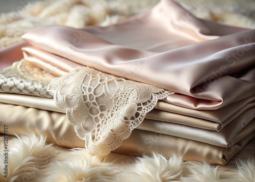 Soft fabrics in calming hues evoke sensual comfort, while lace and satin ensembles drape softly across plush surfaces, inviting intimate relaxation. photo