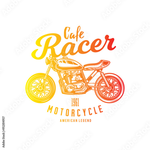 Cafe racer custom motorcycle. Original vector illustration in vintage style isolated on white background. T-shirt design.