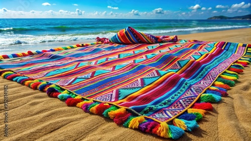 Soft and lightweight, this vibrant Brazilian beach blanket boasts colorful patterns and tassels, ideal for lounging and providing sun protection with a stylish touch.