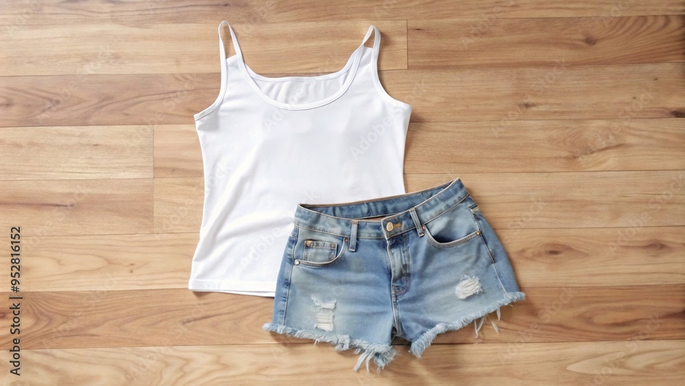 Soft white tank top drapes loosely over distressed denim shorts on wooden floor, a relaxed and casual ensemble for a laid-back day. Soft white tank top drapes loosely over distressed denim shorts on wooden floor, a relaxed and casual ensemble for a laid-back day.