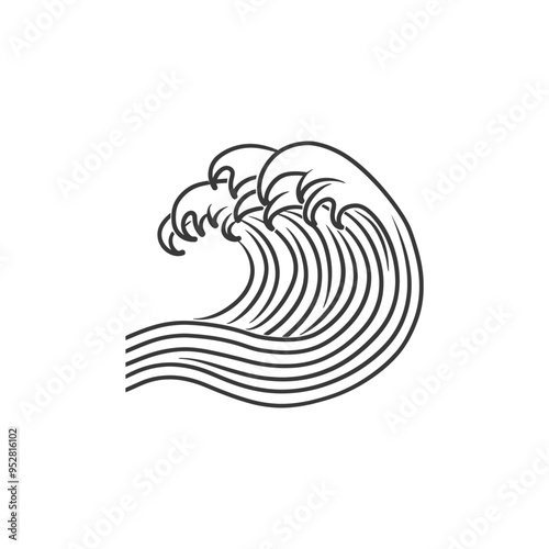 Stylized Black and White Line Art Illustration of a Single Wave