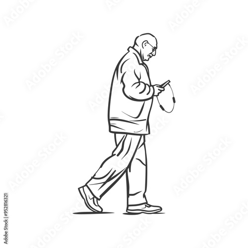 Sketch of a Man Walking and Using His Phone