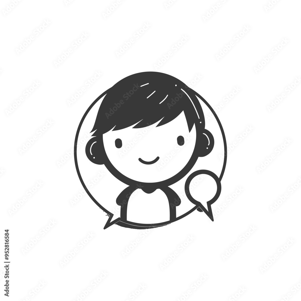 Smiling Cartoon Character with Headphones and Speech Bubble Smiling Cartoon Character with Headphones and Speech Bubble