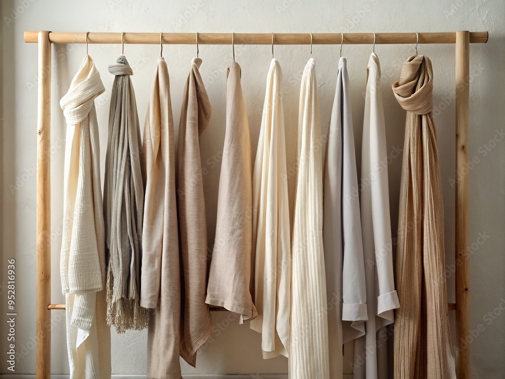 Softly draped fabrics in natural hues hang from a minimalist rack, showcasing airy textures and subtle sheens that evoke feelings of comfort and ventilation. Softly draped fabrics in natural hues hang from a minimalist rack, showcasing airy textures and subtle sheens that evoke feelings of comfort and ventilation.