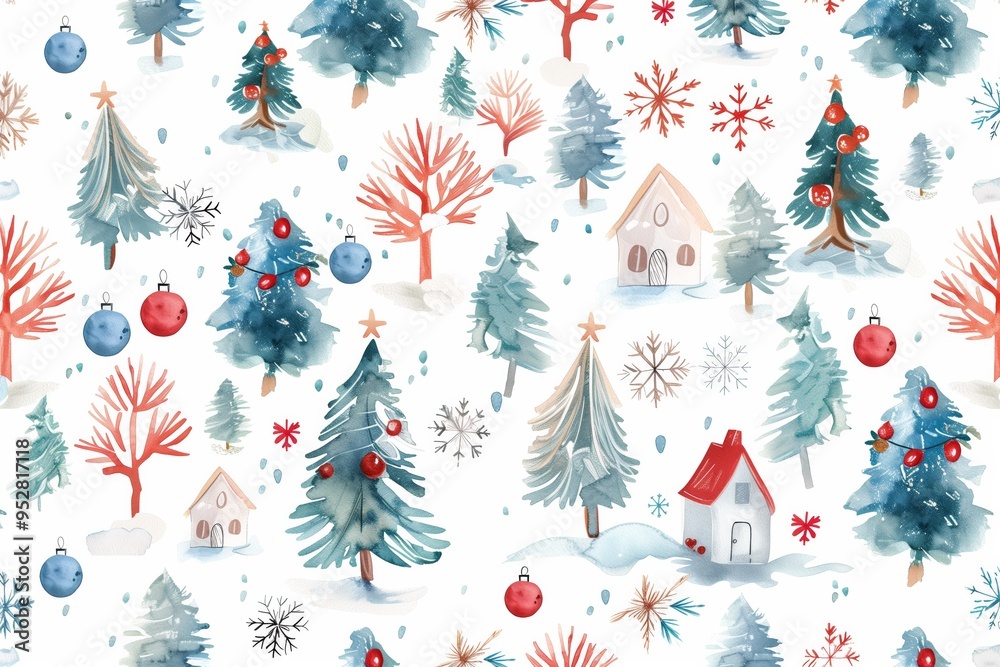 Christmas seamless pattern with fir trees, snowflakes, and houses. Watercolor Christmas seamless pattern with fir trees, snowflakes, and houses. Watercolor