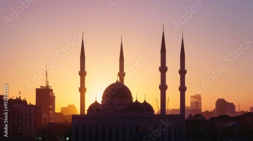 Mosque with minarets on the background of sunset. Concept of religion, Islam, tranquility.