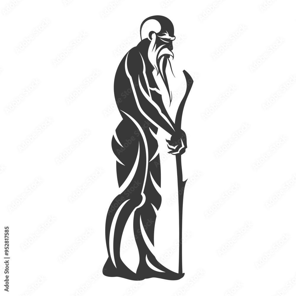 Stylized Black and White Illustration of an Old Man with a Staff