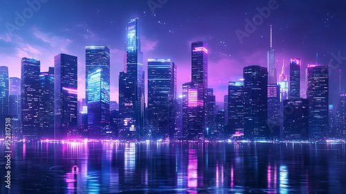 Cyberpunk Style Neon Cityscape at Night. Futuristic neon cityscape with skyscrapers reflecting in water at night.