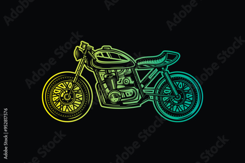 Cafe racer custom motorcycle. Original vector illustration in vintage style isolated on black background. T-shirt design.