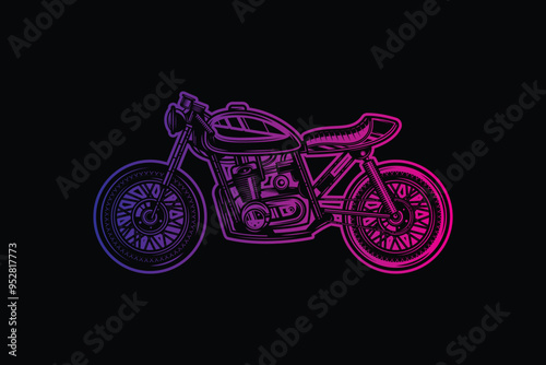 Cafe racer custom motorcycle. Original vector illustration in vintage style isolated on black background. T-shirt design.