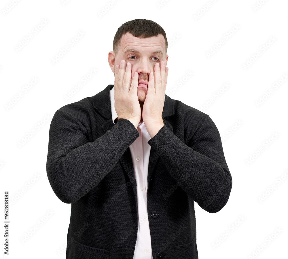 Stressed businessman with hands on the face over white background with copy space, sadness and disappointed concept Stressed businessman with hands on the face over white background with copy space, sadness and disappointed concept