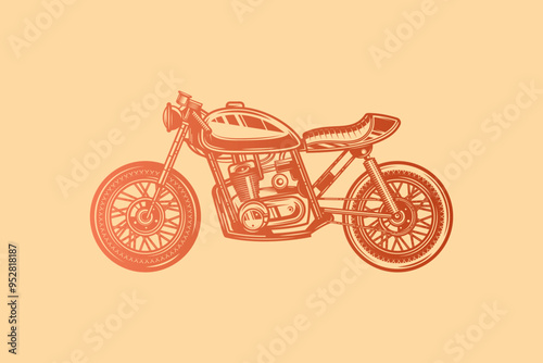 Cafe racer custom motorcycle. Original vector illustration in vintage style isolated on light background. T-shirt design.