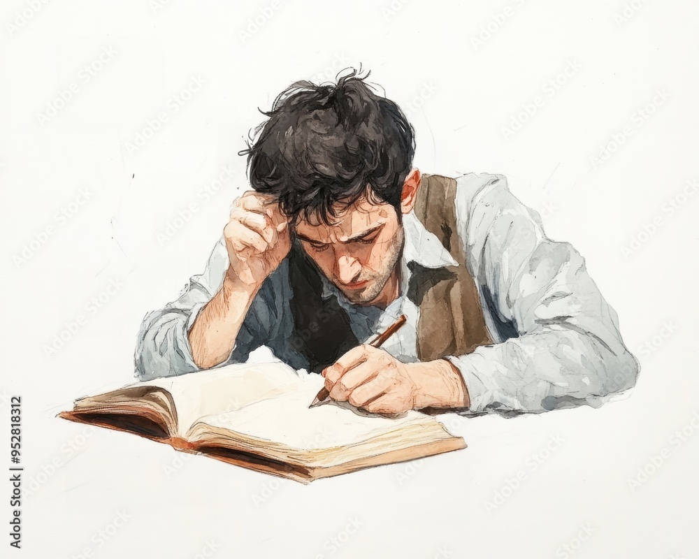 Focused young man writing in a notebook with a thoughtful expression, engaged in studying or creative writing at a desk. Focused young man writing in a notebook with a thoughtful expression, engaged in studying or creative writing at a desk.