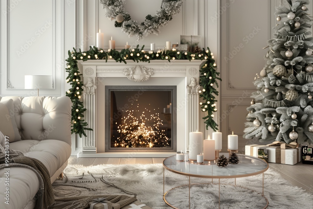 Interior with fireplace. 3d render. christmas Interior with fireplace. 3d render. christmas