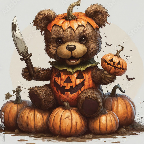 There is a teddy bear dressed up as a witch with pumpkins generative ai