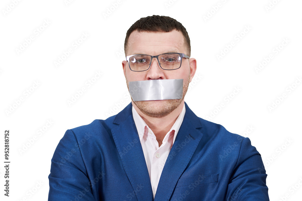 man has a big piece of black industrial tape covering his mouth, silence concept, isolated on white background man has a big piece of black industrial tape covering his mouth, silence concept, isolated on white background